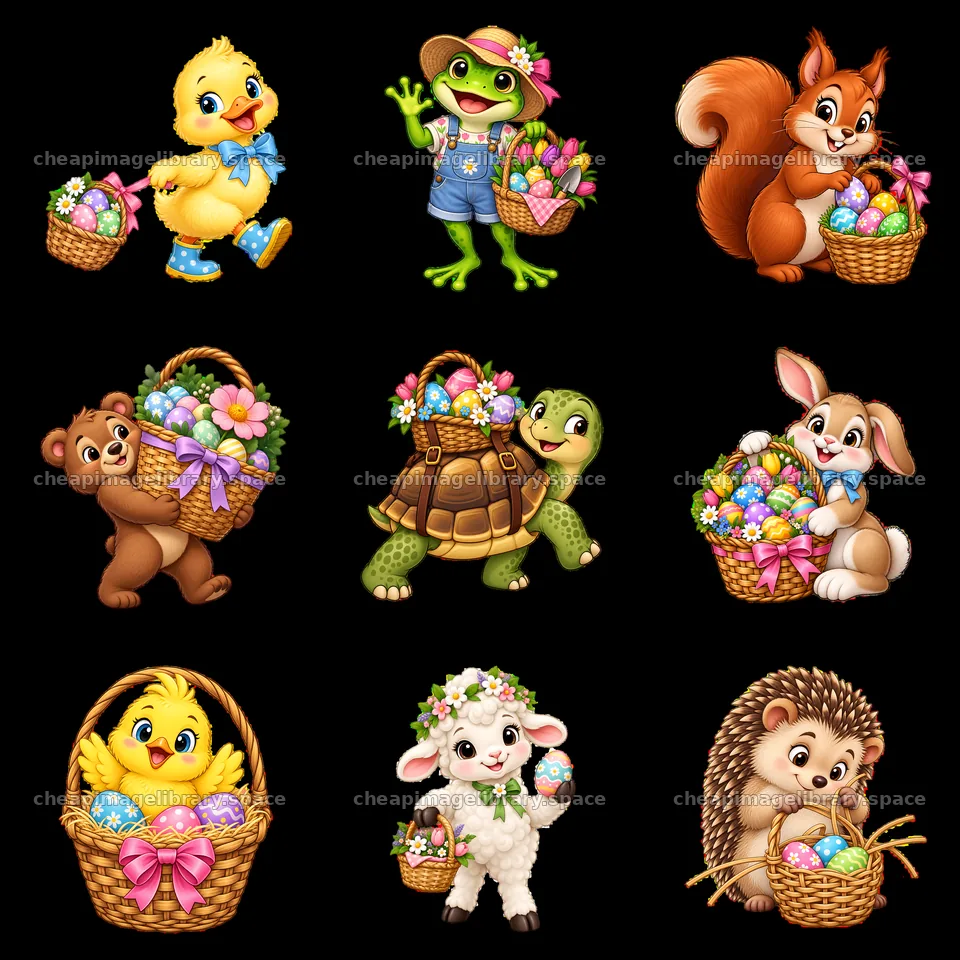 Bright cartoon animals with Easter baskets in a colorful layout – image library 7746x7746