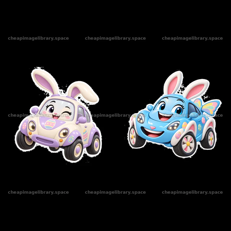 Easter bunny cars with cheerful faces and colorful details – image library 7746x7746