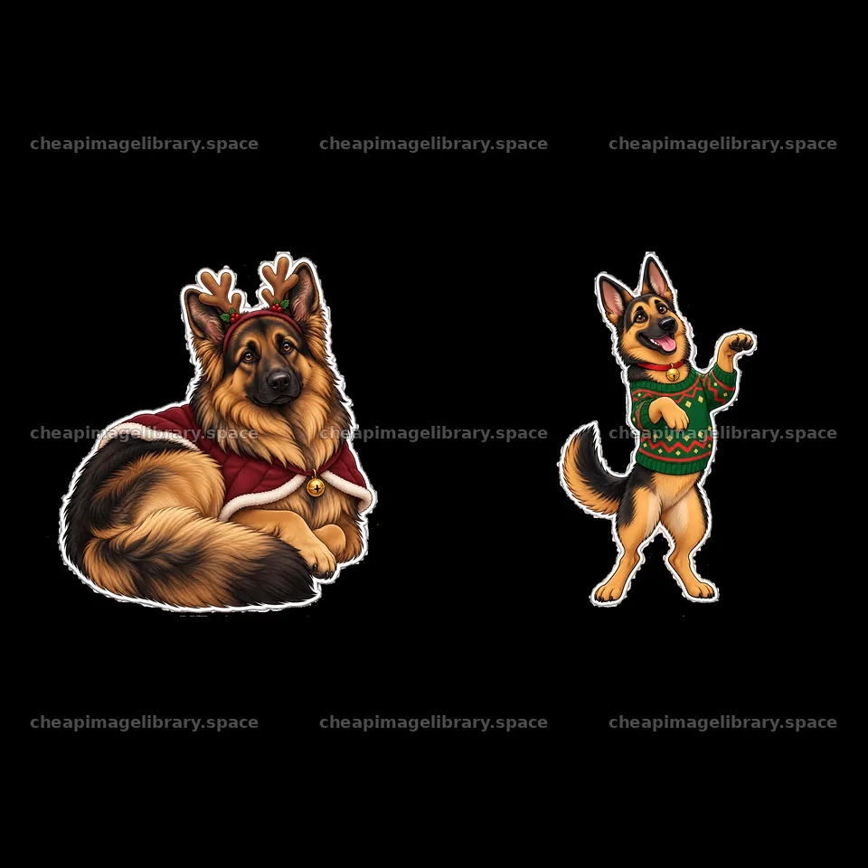 German Shepherds in Christmas outfits with holiday accessories – image library 7746x7746