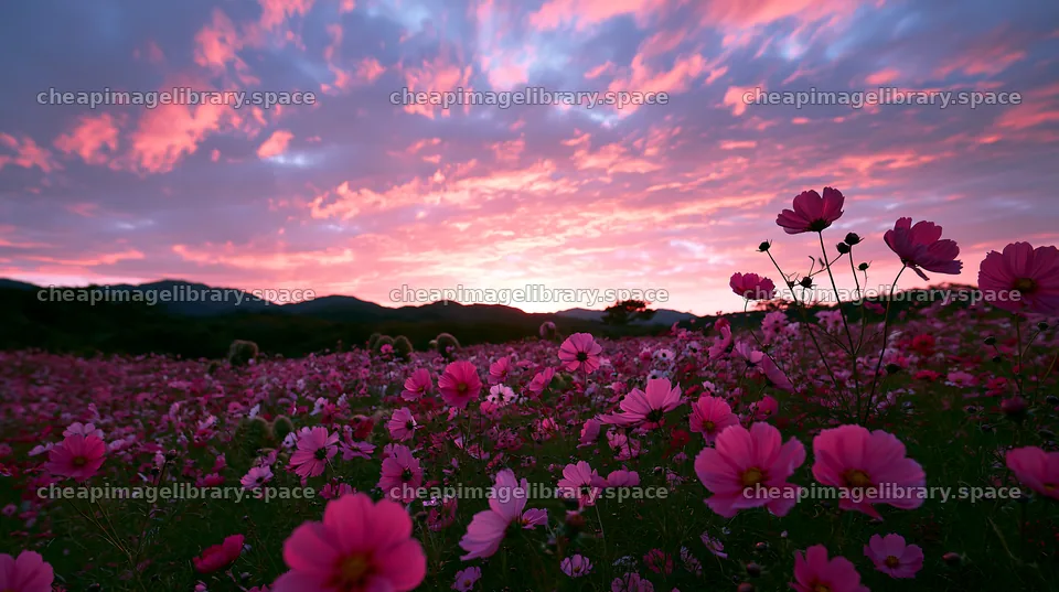 Colorful cosmos meadow under a pink and purple sky at sunset – image library 10608x5938