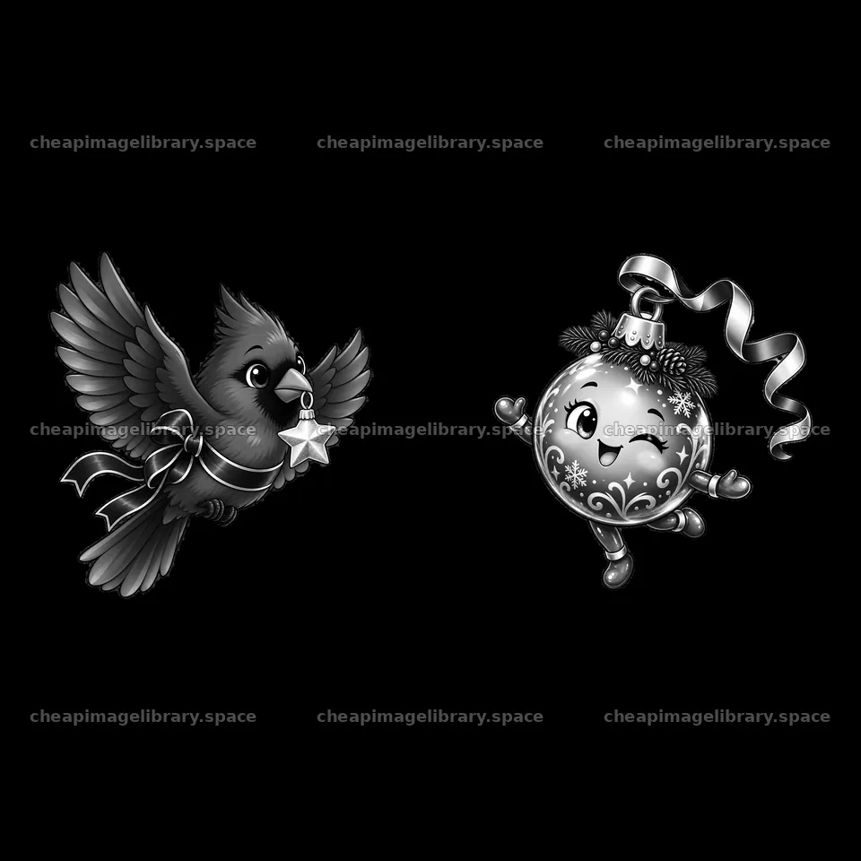 Bird carrying a star and ornament character with festive ribbon – image library 7746x7746