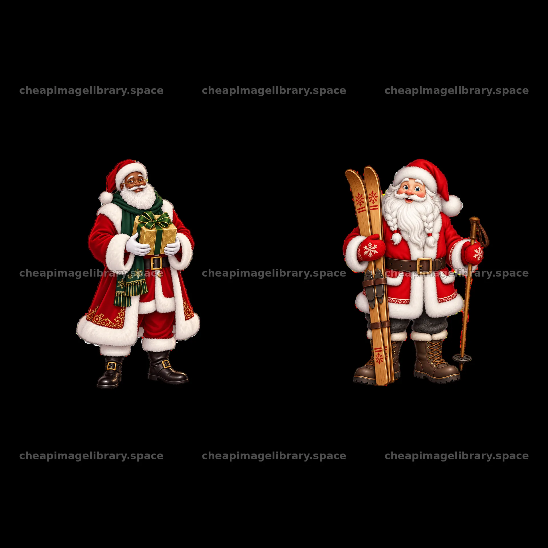 Santa Claus with gift and Santa Claus with skis – image library 7746x7746