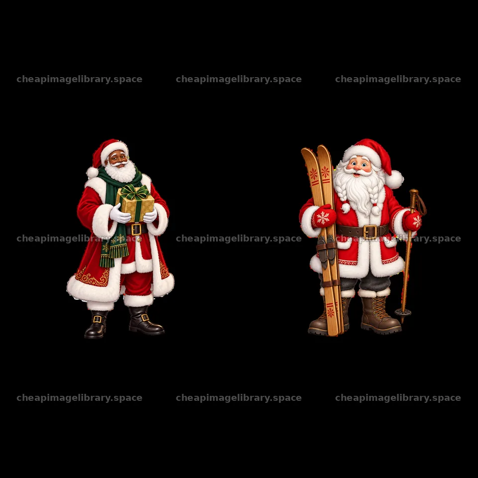 Santa Claus with gift and Santa Claus with skis – image library 7746x7746