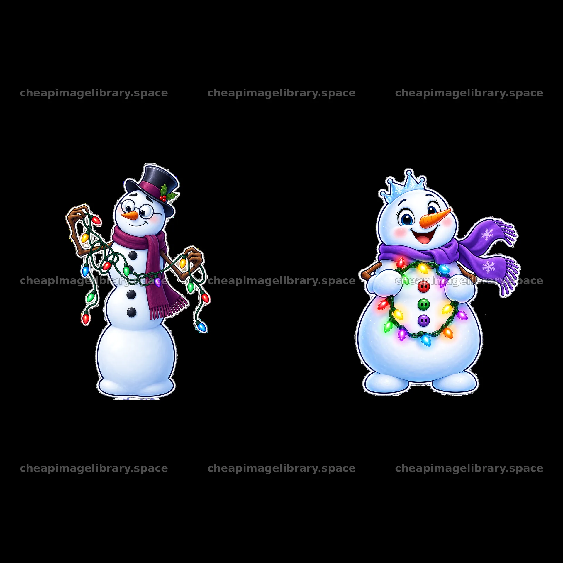 Snowmen decorating with string lights for winter festivities – image library 7746x7746