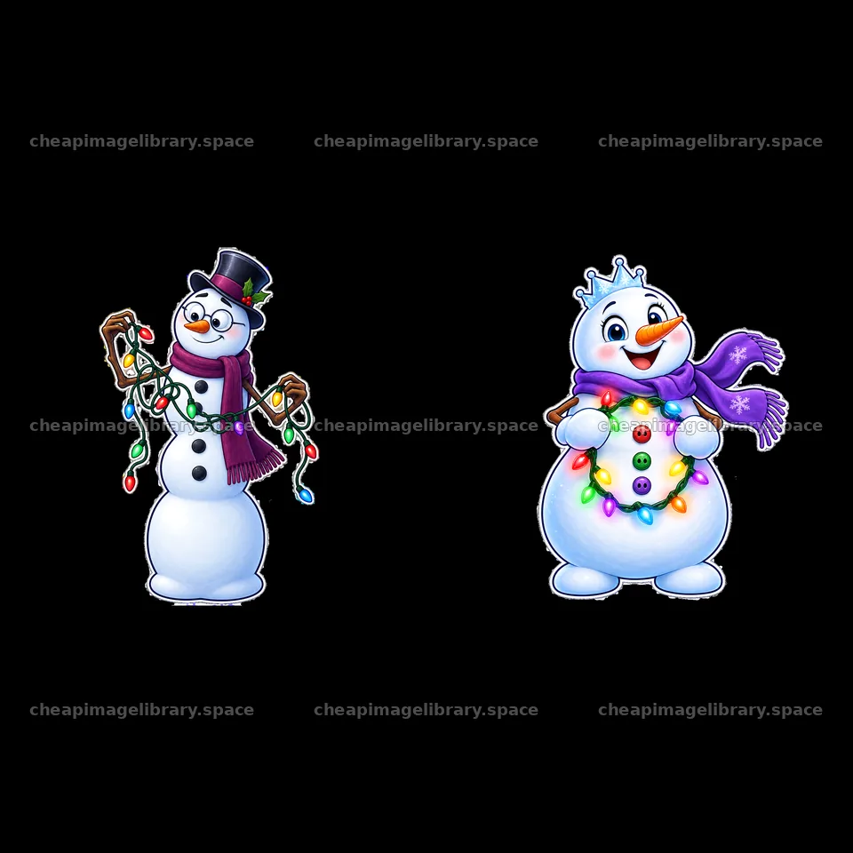 Snowmen decorating with string lights for winter festivities – image library 7746x7746