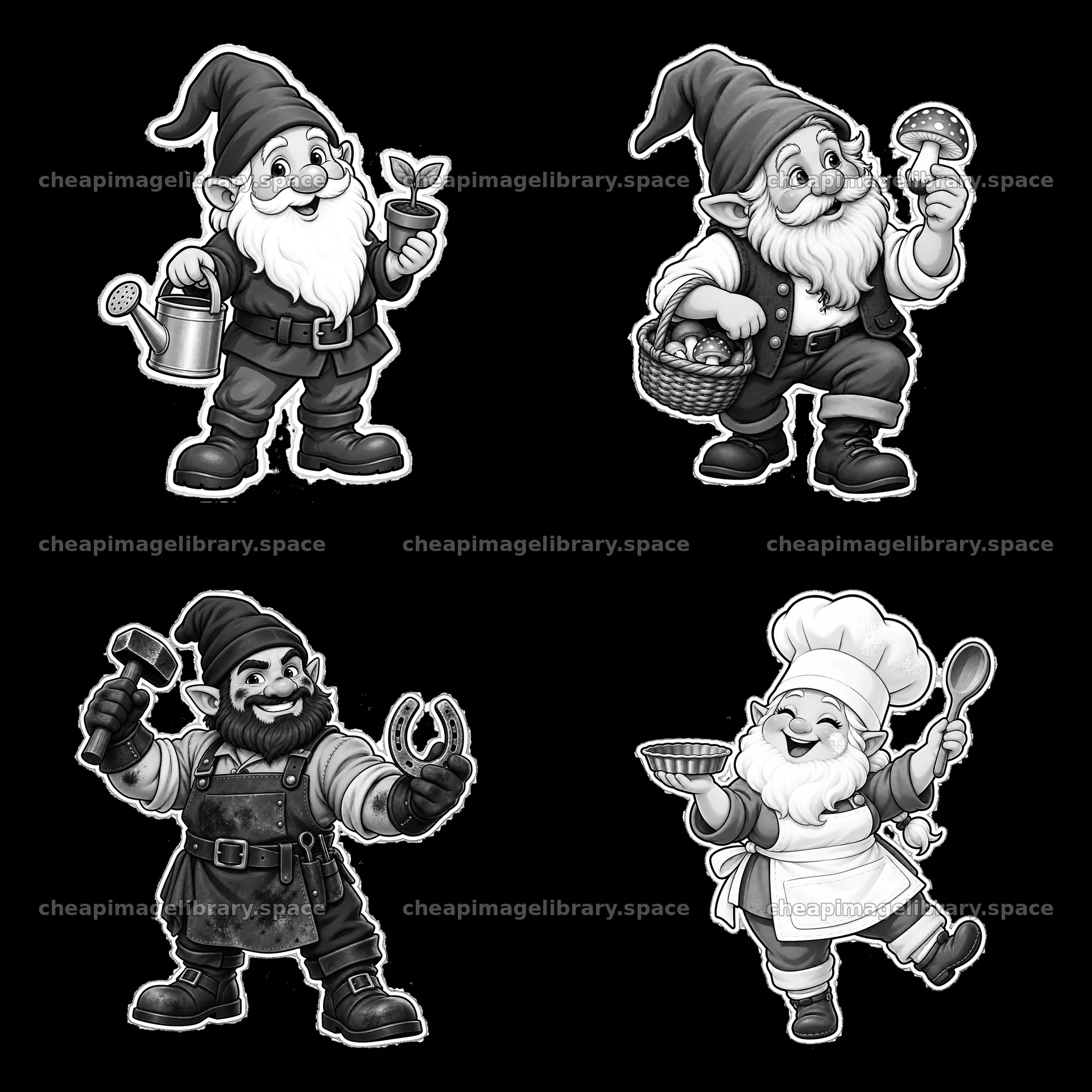 Gnomes engaging in various activities in monochrome illustration – image library 7746x7746