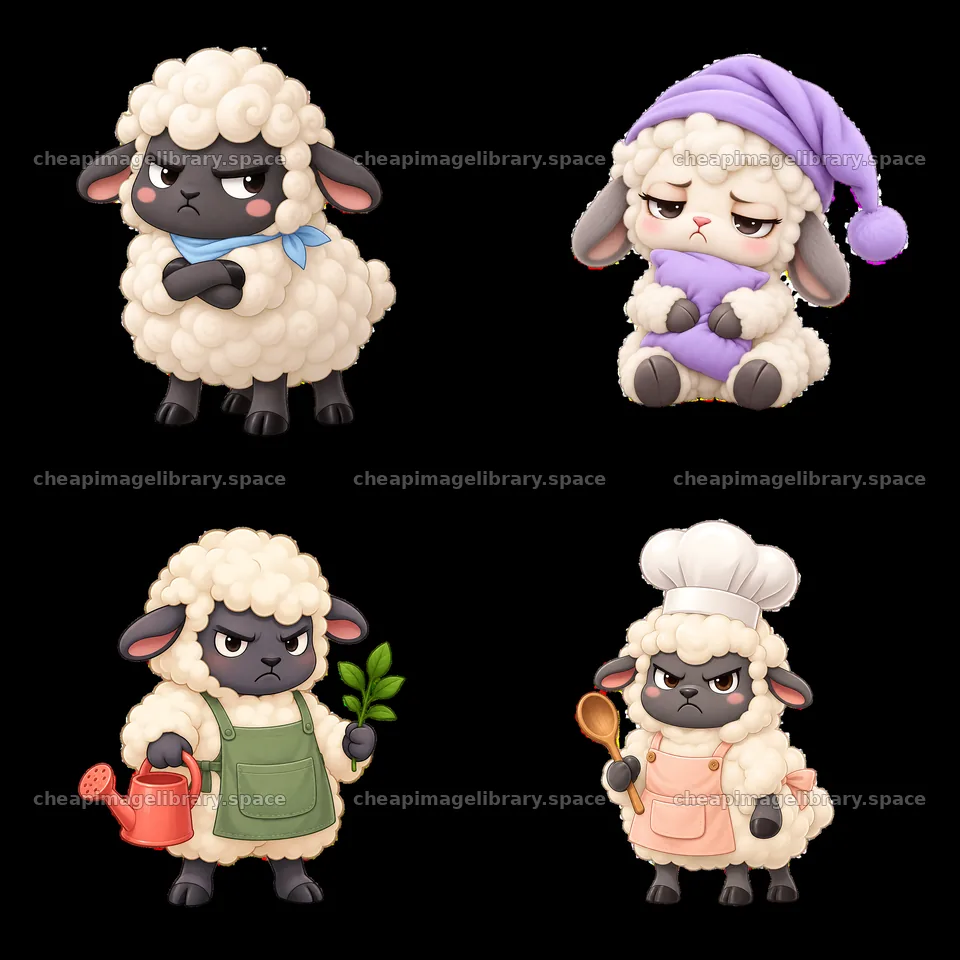 Kawaii grumpy sheep characters in various poses and outfits – image library 7746x7746
