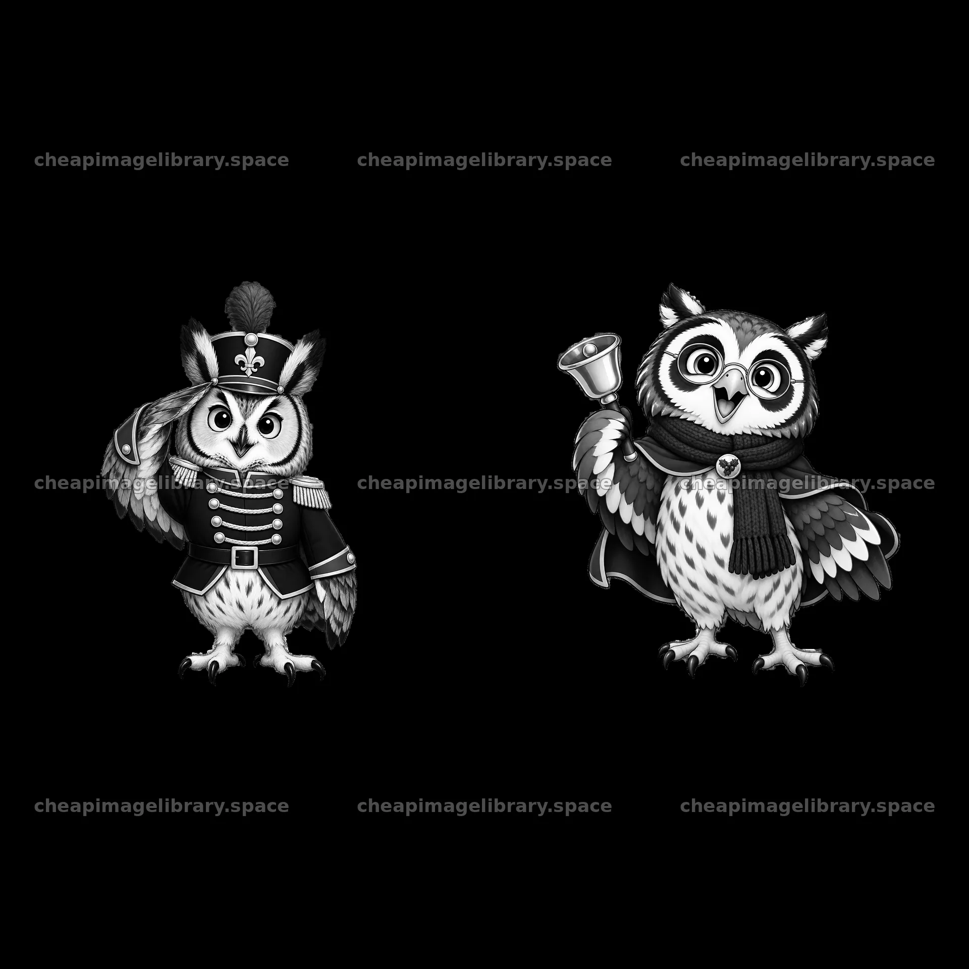 Christmas owls in festive attire holding bell and trumpet – image library 7746x7746