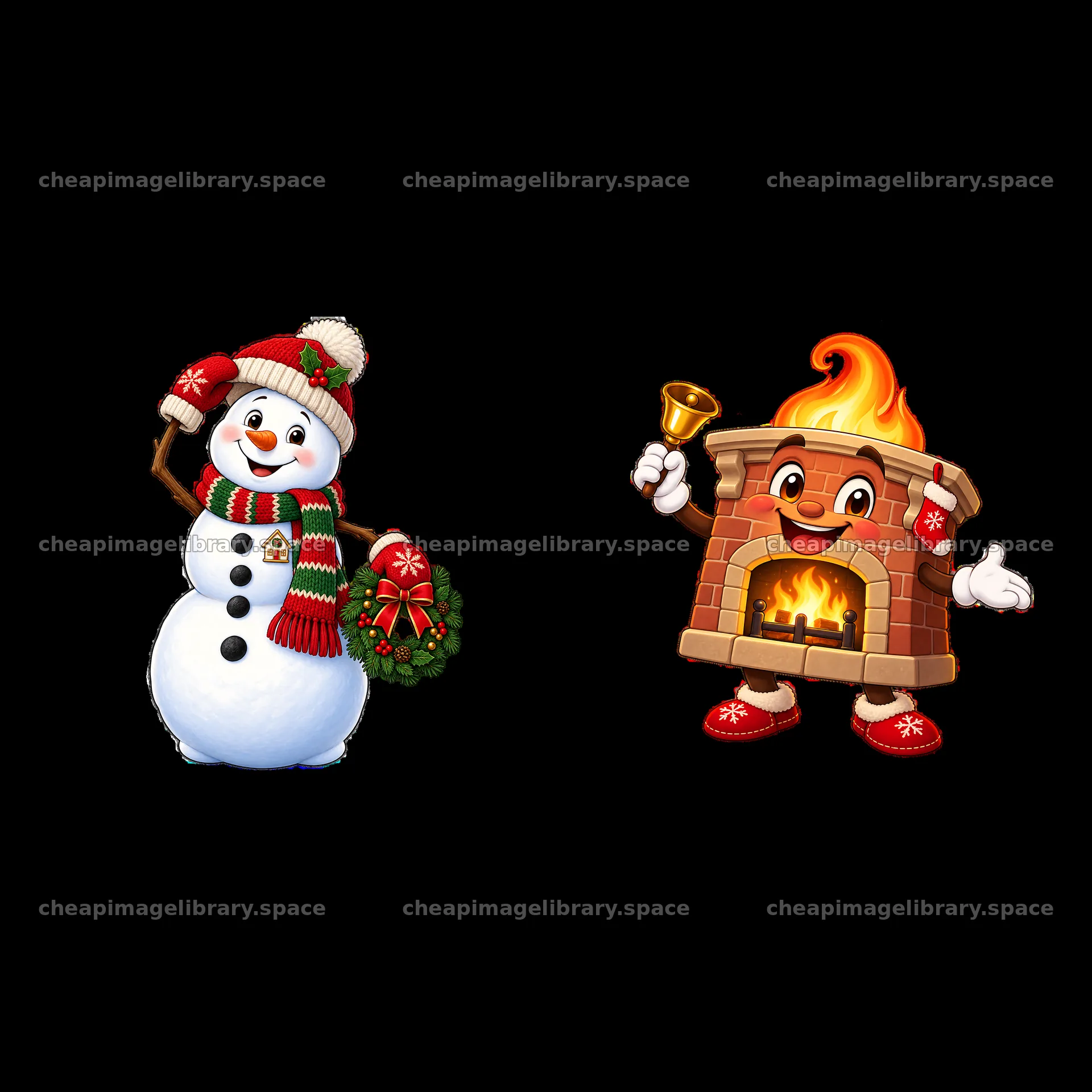 Snowman and fireplace sticker characters for Christmas theme – image library 7746x7746