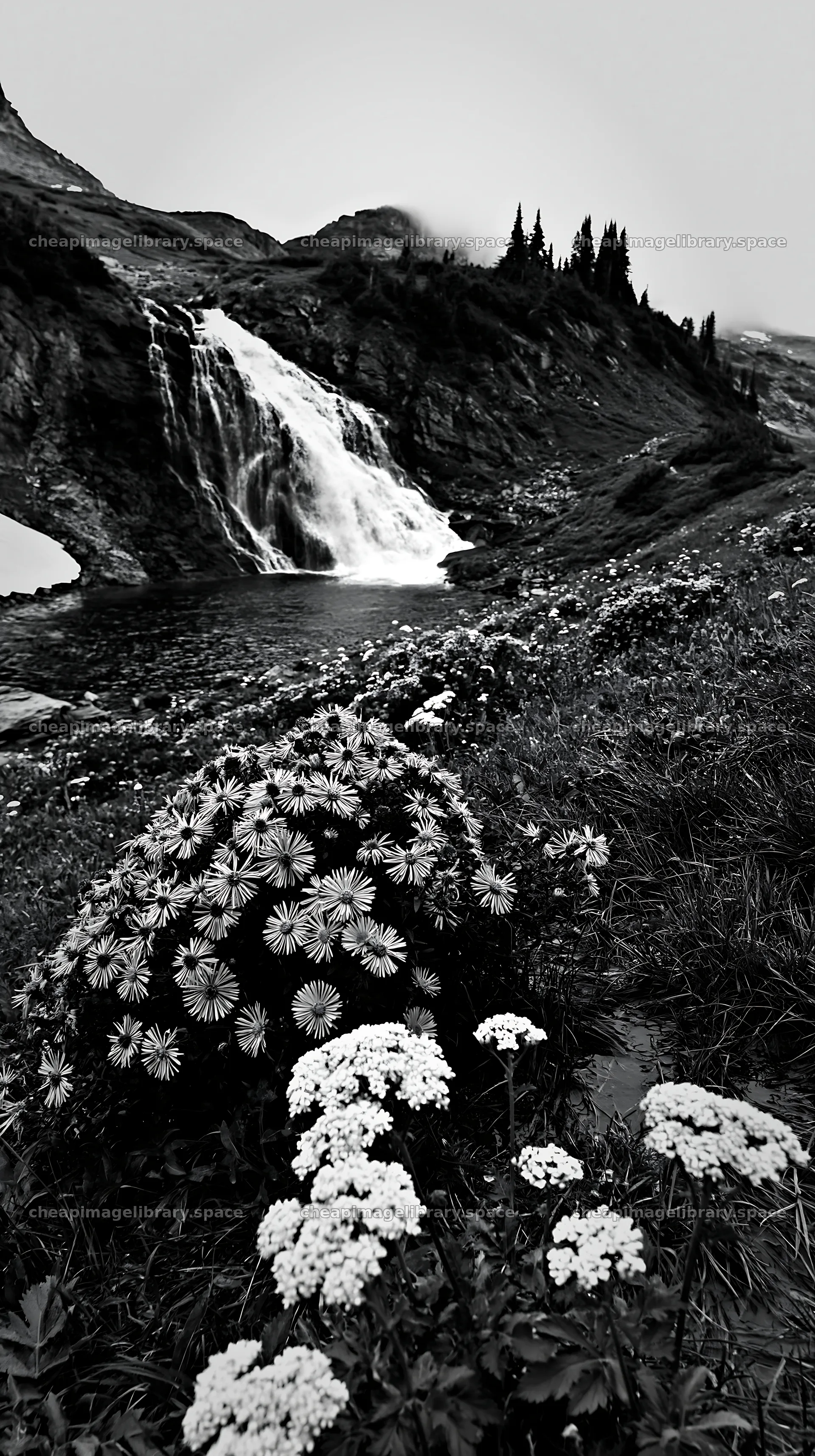 Alpine waterfall flowers in black and white landscape – image library 5938x10608
