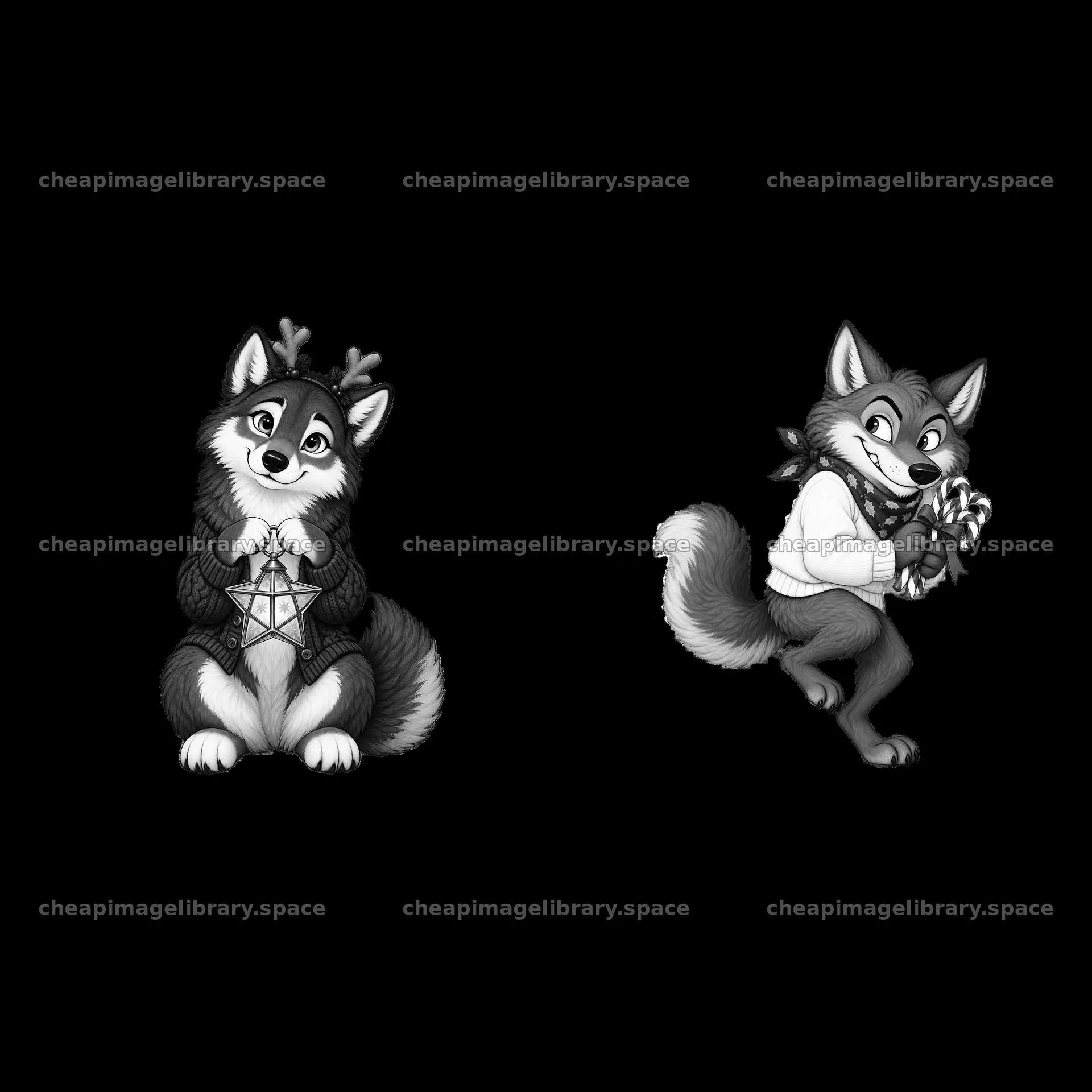 Christmas wolves holding decorations and candy canes – image library 7746x7746