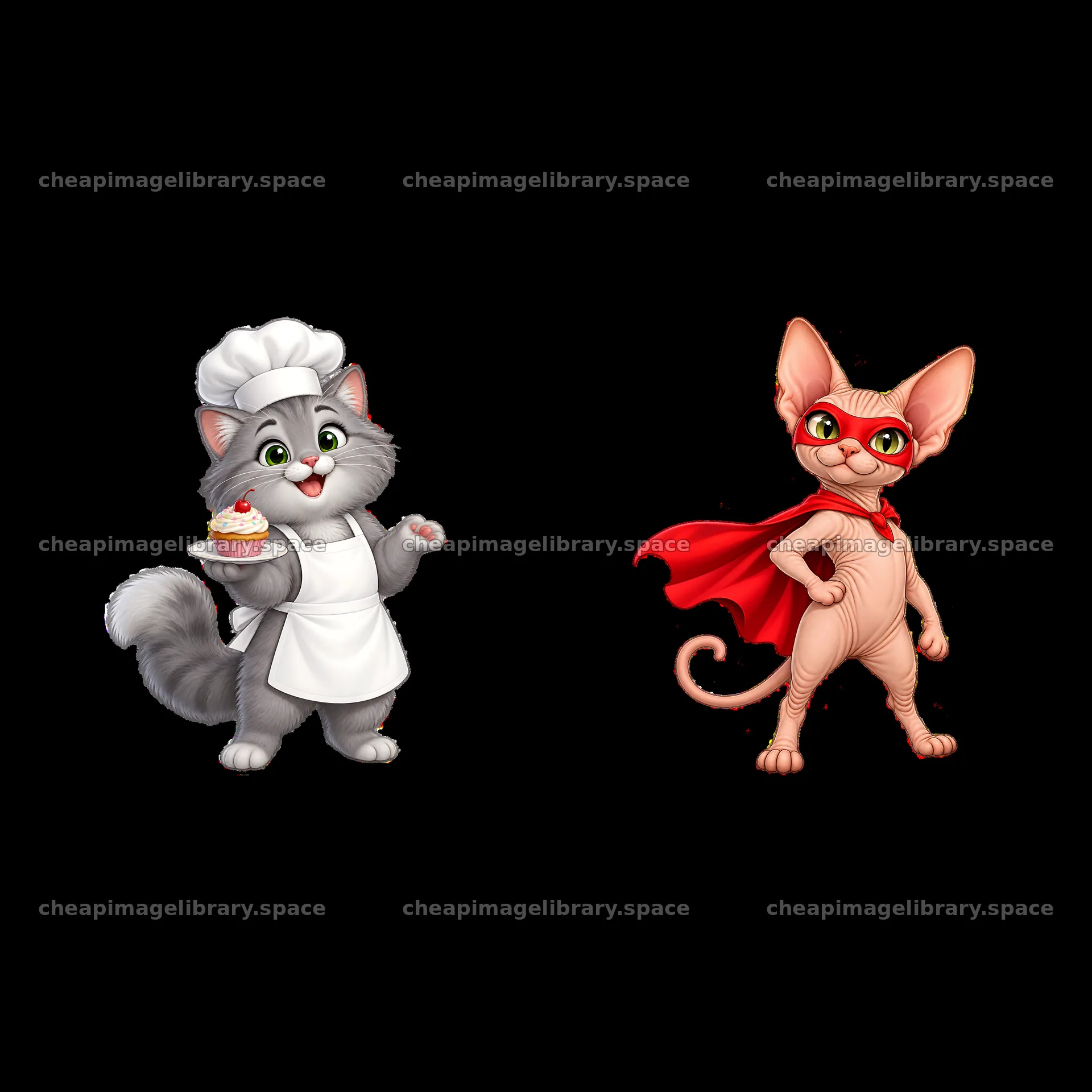 Chef cat and superhero cat in a playful sticker design – image library 7746x7746