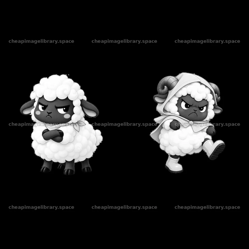 Grumpy sheep stickers in a pair with distinct poses – image library 7746x7746