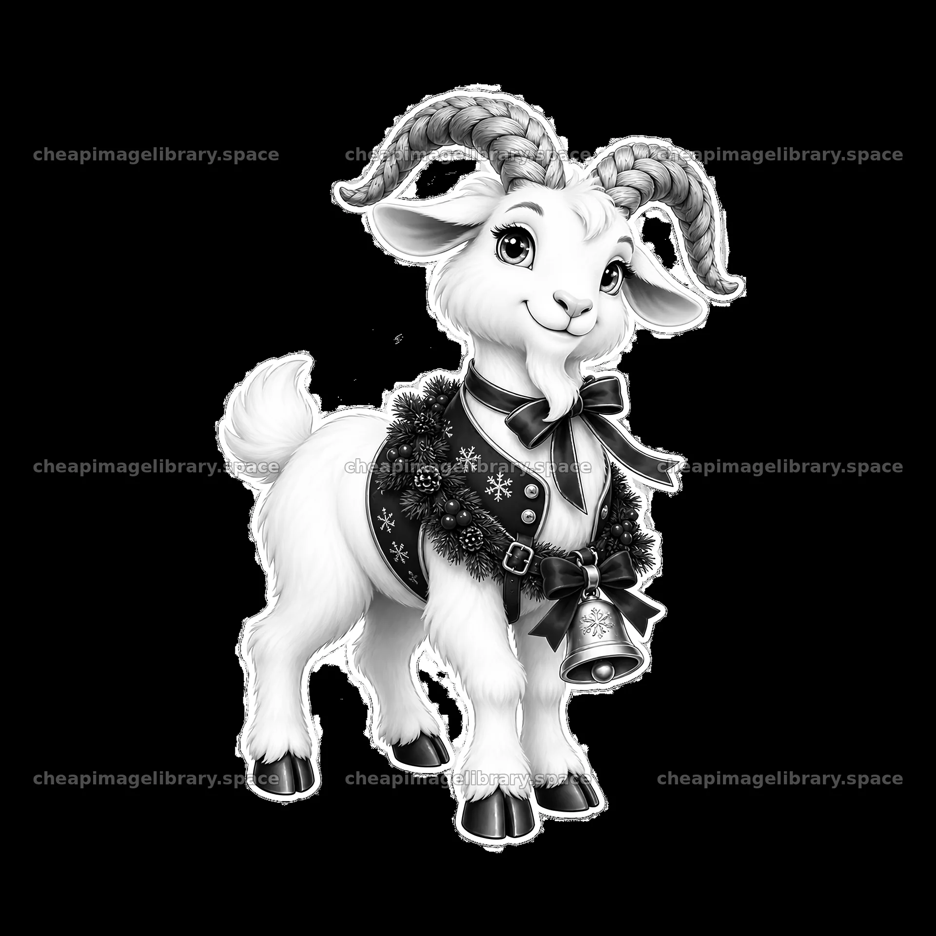 Christmas goat wearing a festive wreath and bell decoration – image library 7746x7746