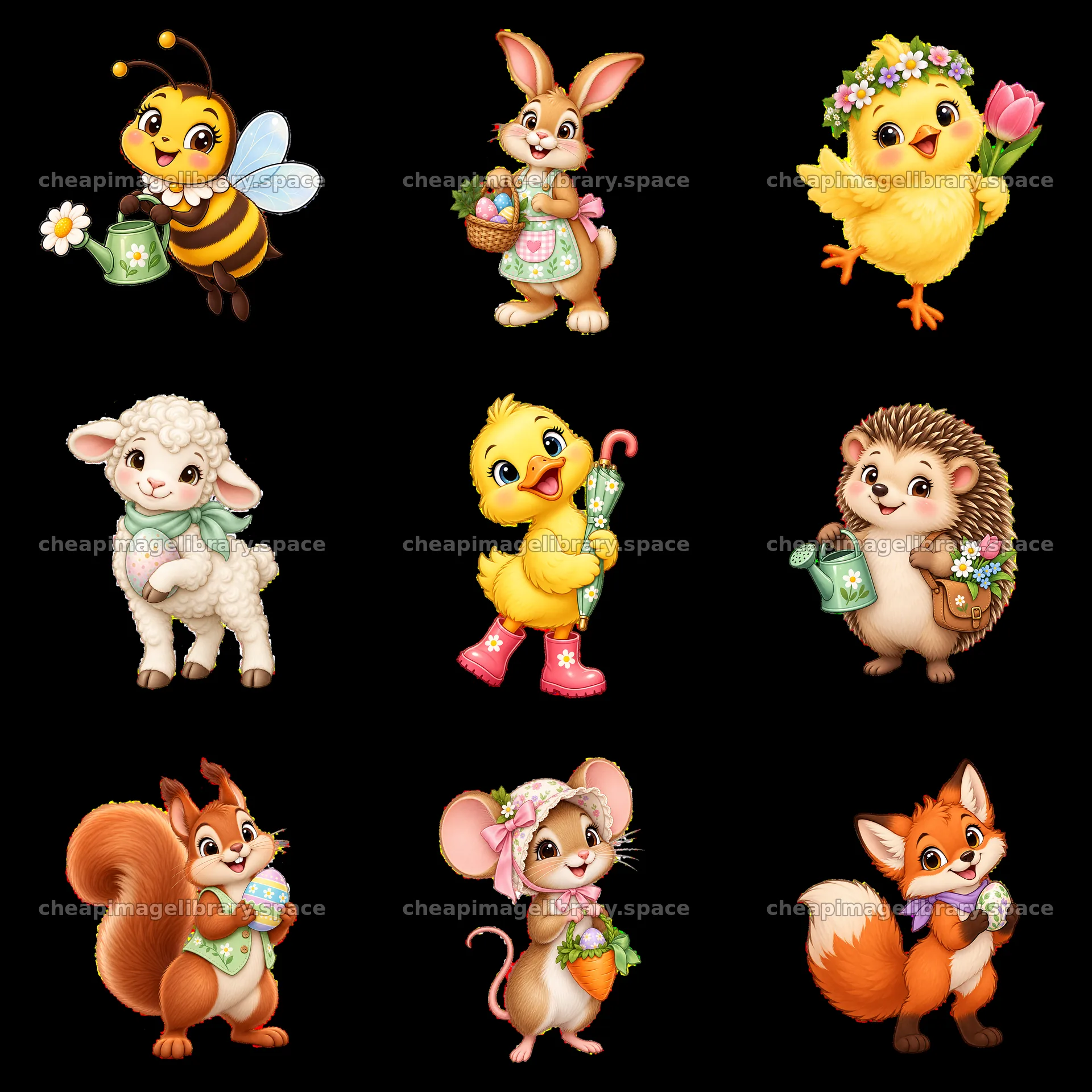 Easter characters in a meadow with flowers and baskets – image library 7746x7746