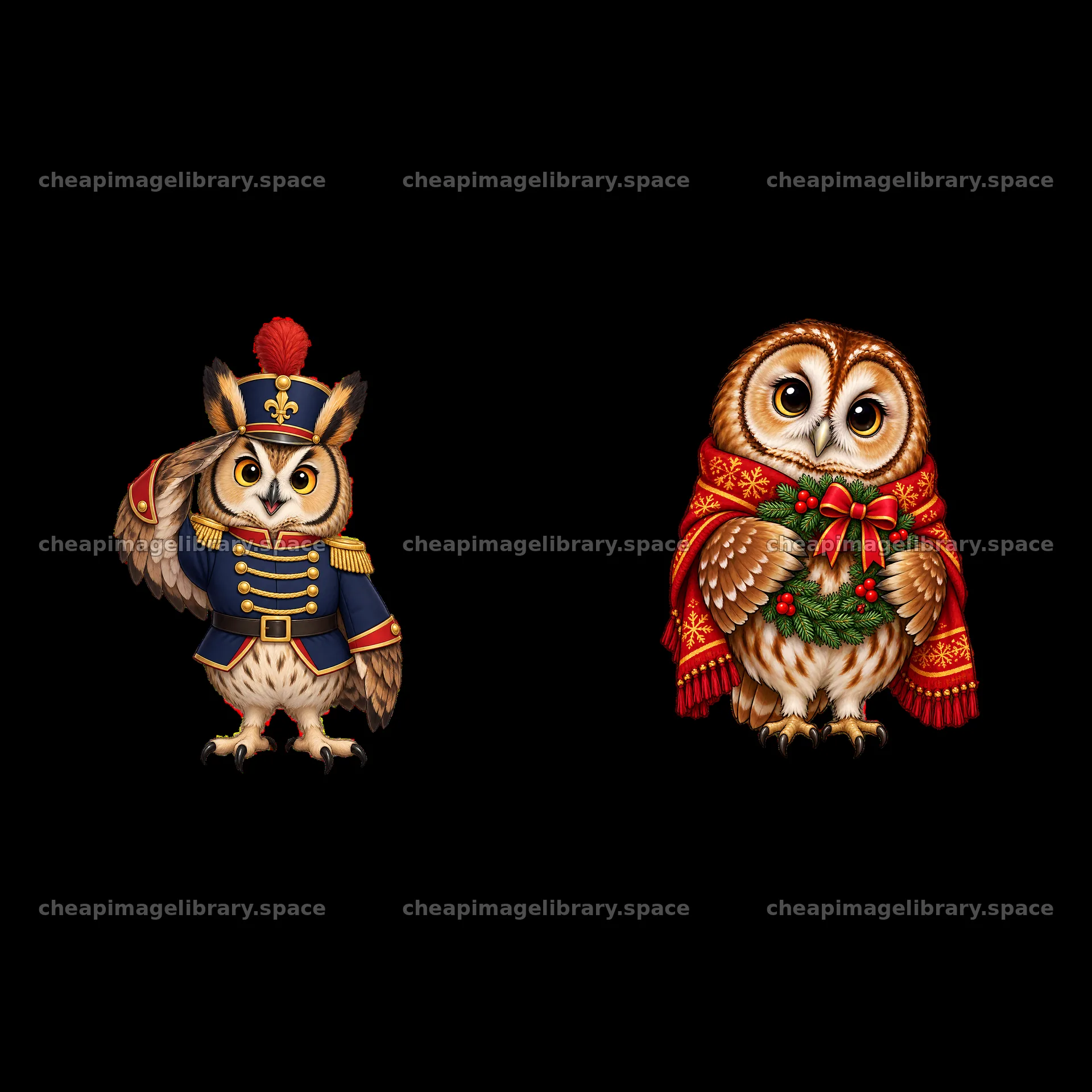 Christmas owls wearing festive outfits for holiday season – image library 7746x7746