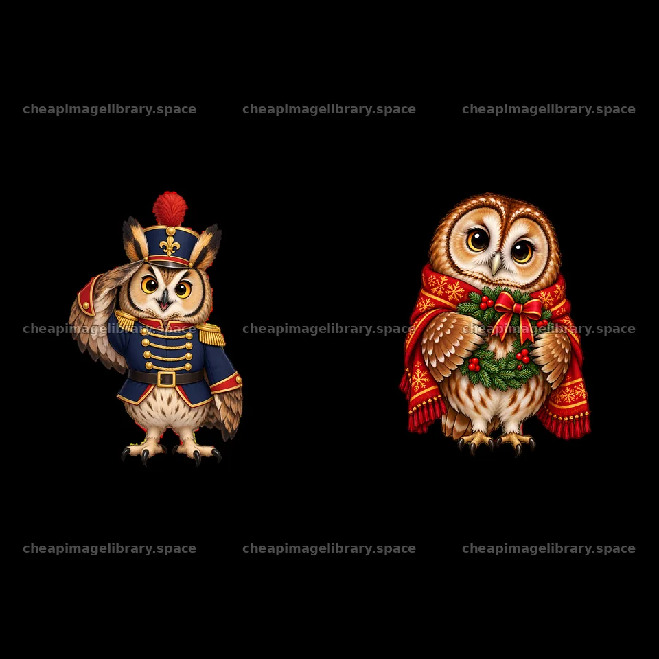 Christmas owls wearing festive outfits for holiday season – image library 7746x7746