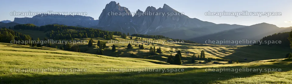 Sunbeams shine over Alpe di Siusi meadow in the Dolomites – image library 14762x4268