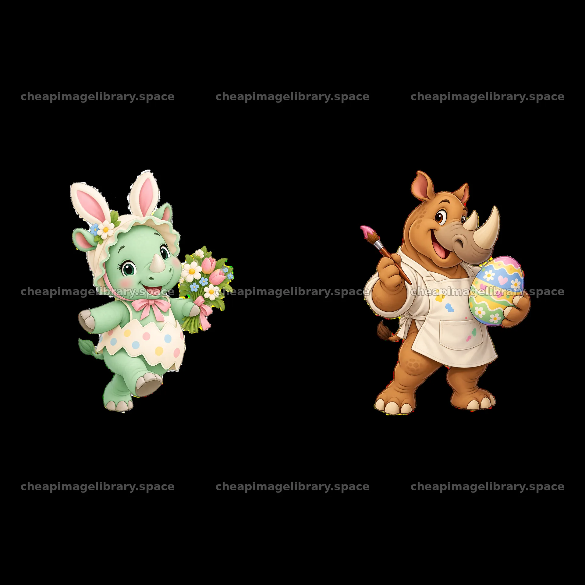 Easter rhinoceros characters with an egg and flowers – image library 7746x7746