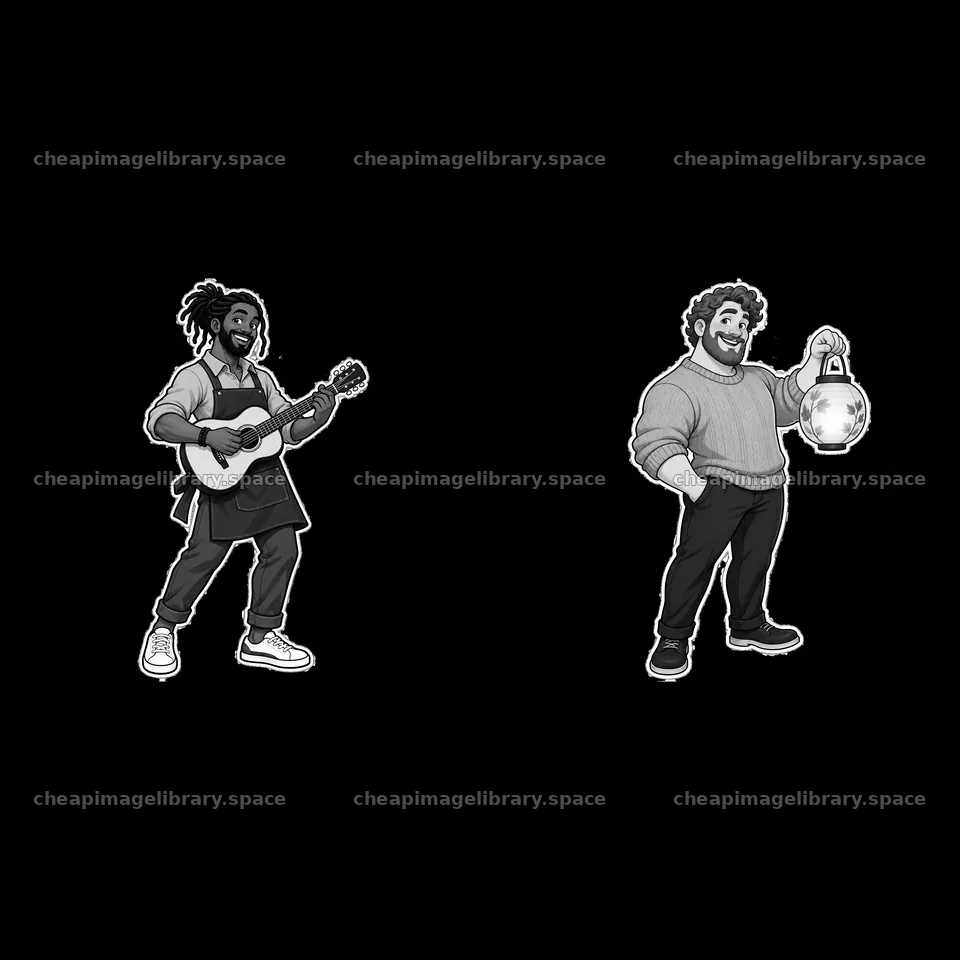 Musician with guitar and man with lantern standing together – image library 7746x7746