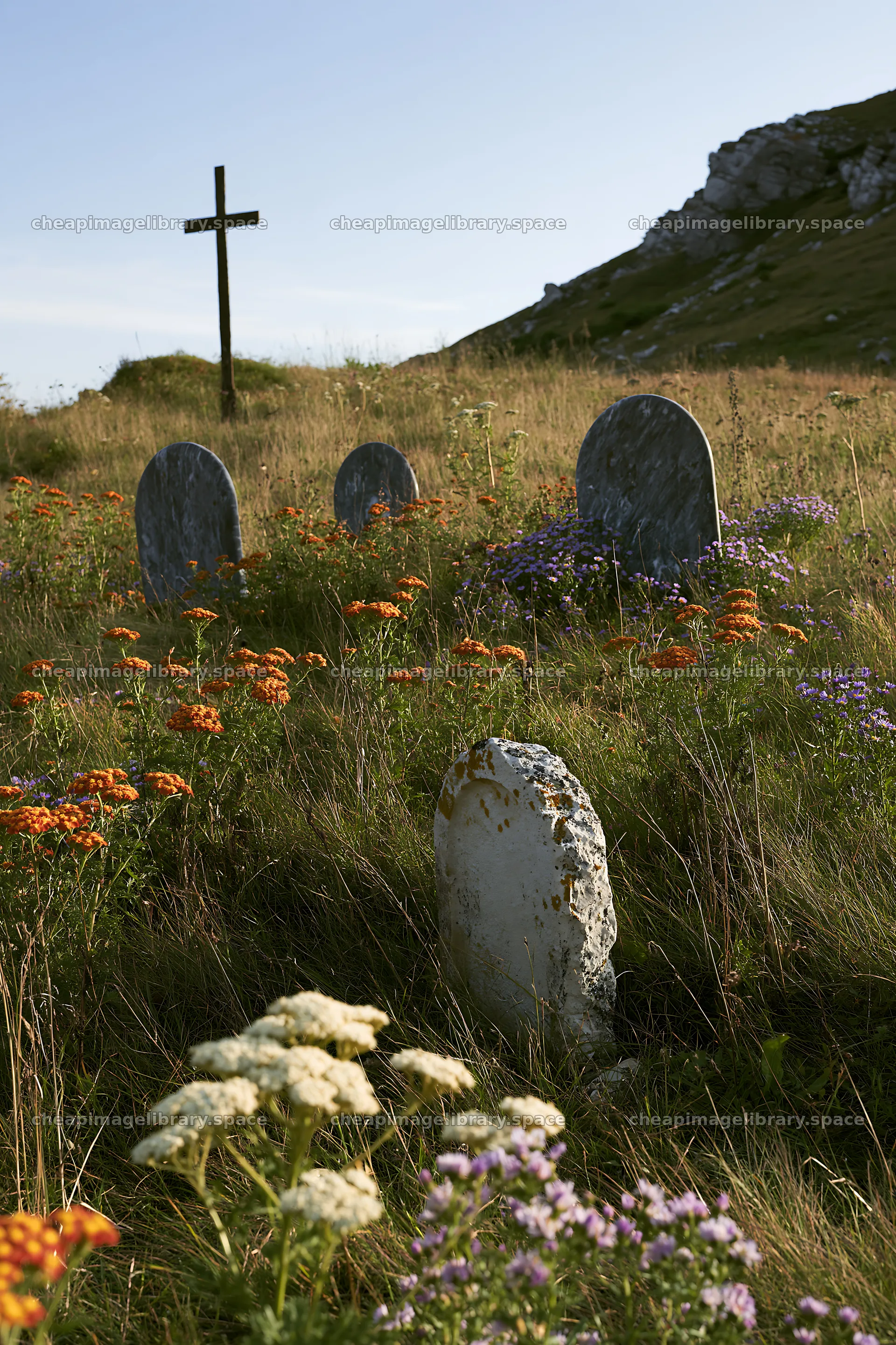 Christian cross above secluded mountain meadow – image library 6480x9722
