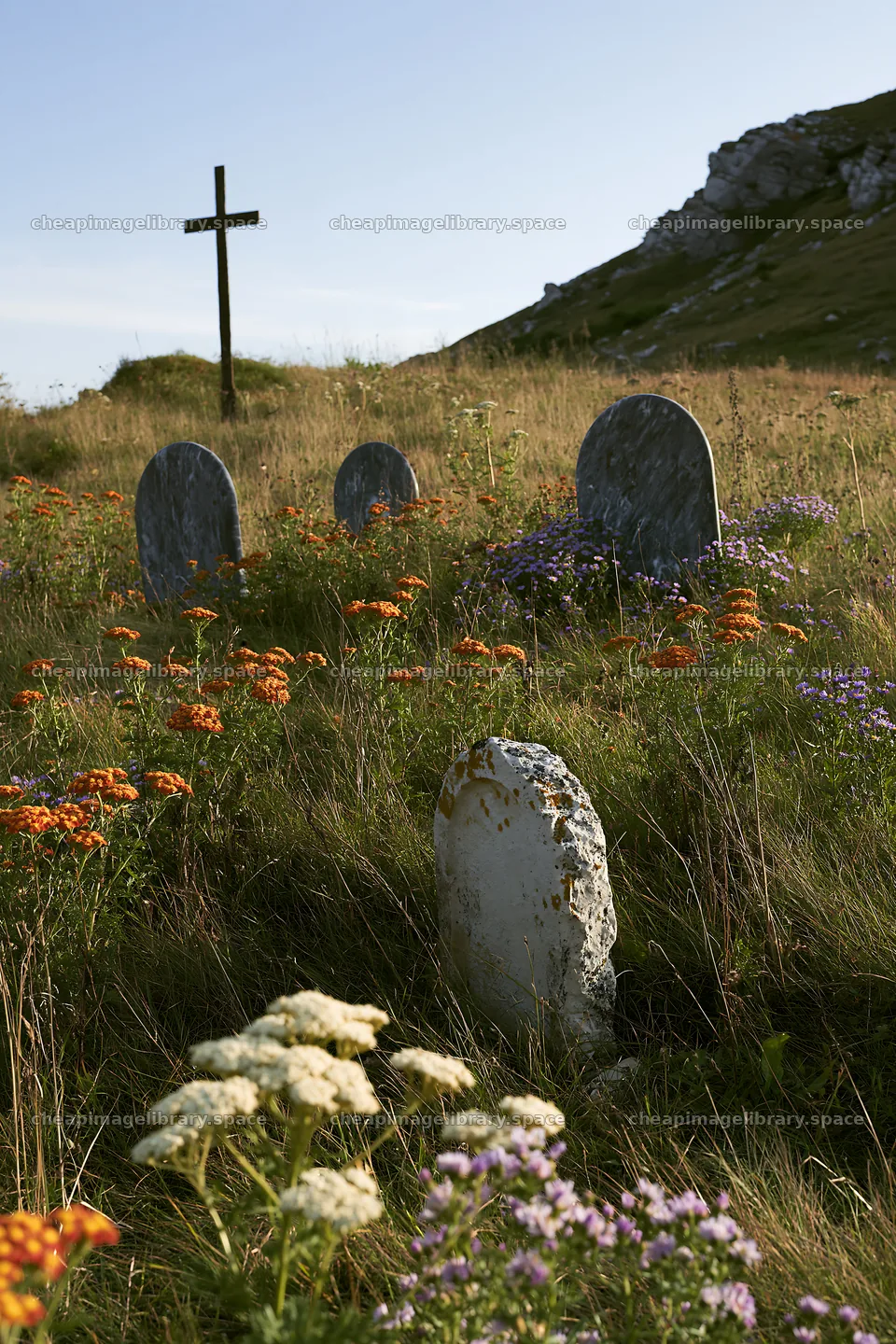 Christian cross above secluded mountain meadow – image library 6480x9722