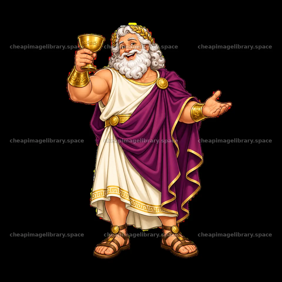 Zeus holds a golden cup and gestures happily in his robe – image library 7746x7746