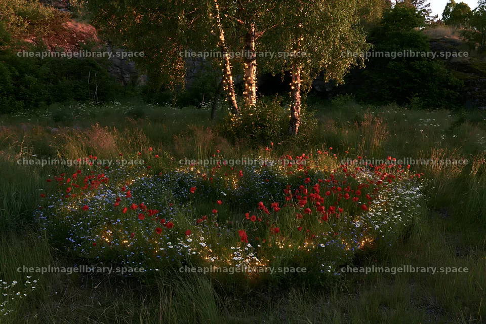 Christmas lights in meadow near cave at dusk – image library 9722x6480