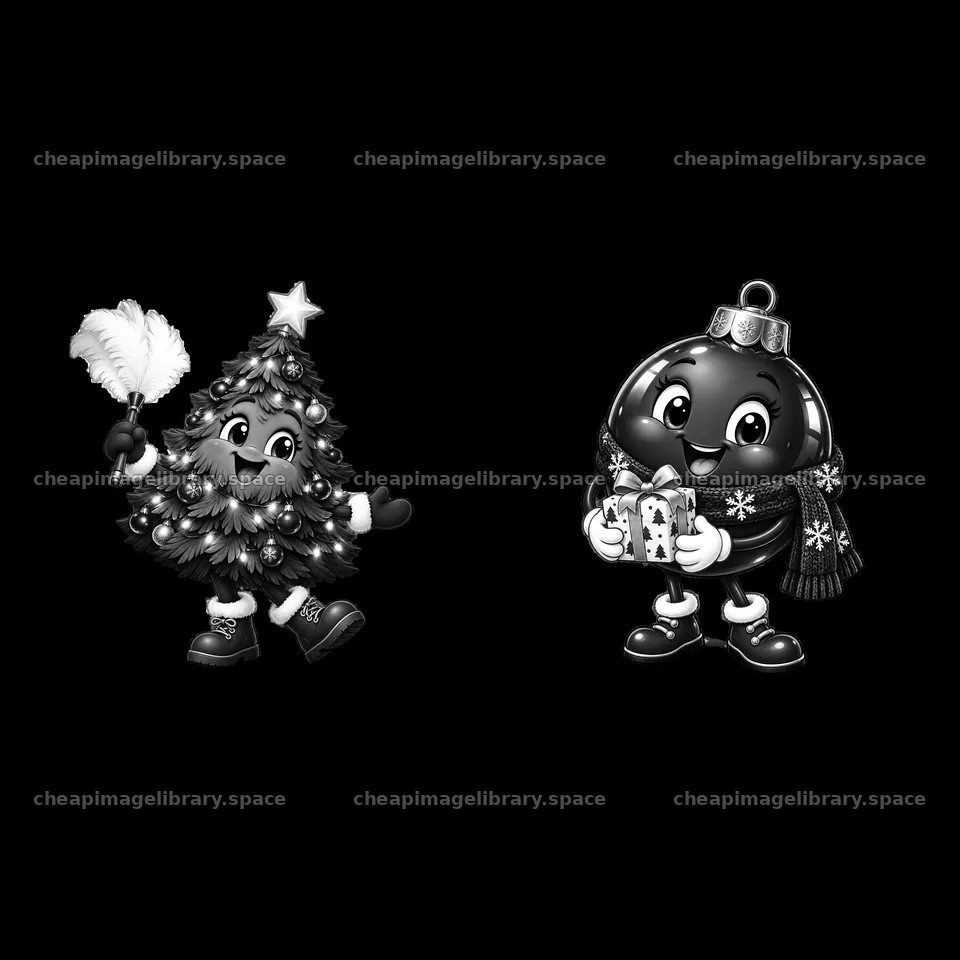 Cheerful Christmas tree and ornament characters with gifts – image library 7746x7746