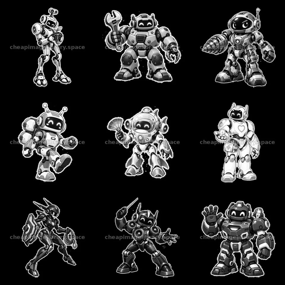 Mech robots in various poses and actions in a 3x3 layout – image library 7746x7746