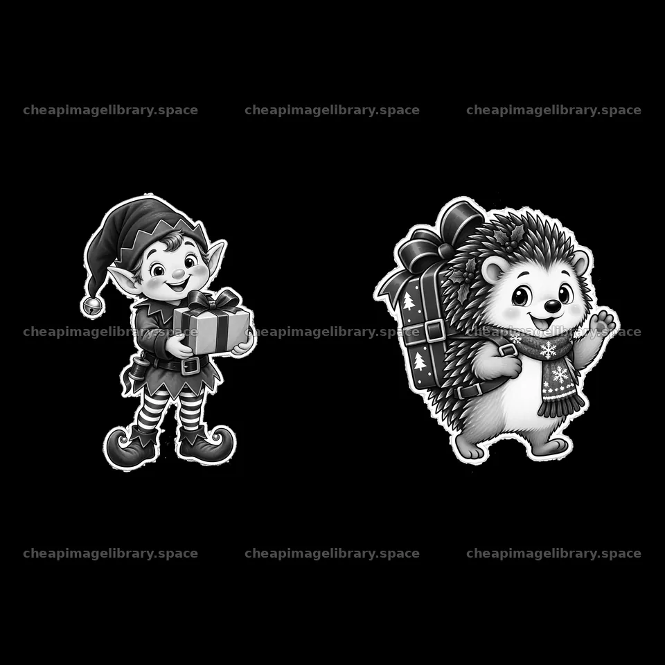 Elf and hedgehog celebrating with Christmas presents – image library 7746x7746
