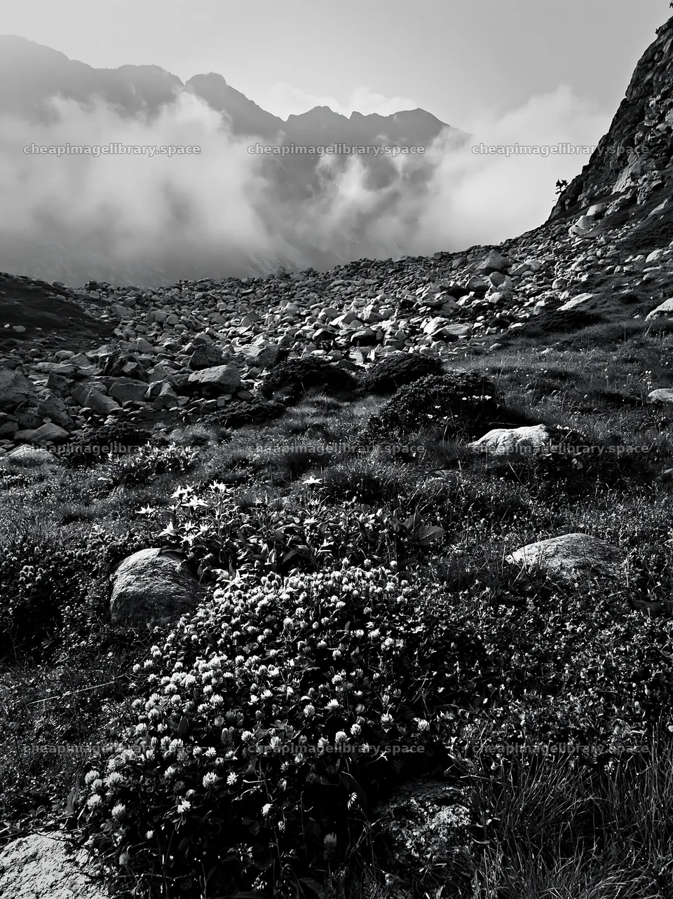 Clover speedwell meadow in mountainous terrain during fog – image library 6866x9174