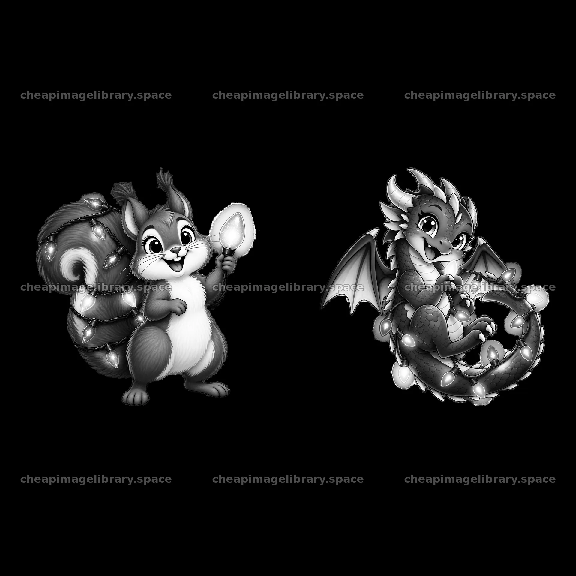 Squirrel and dragon holding string lights in black and white – image library 7746x7746