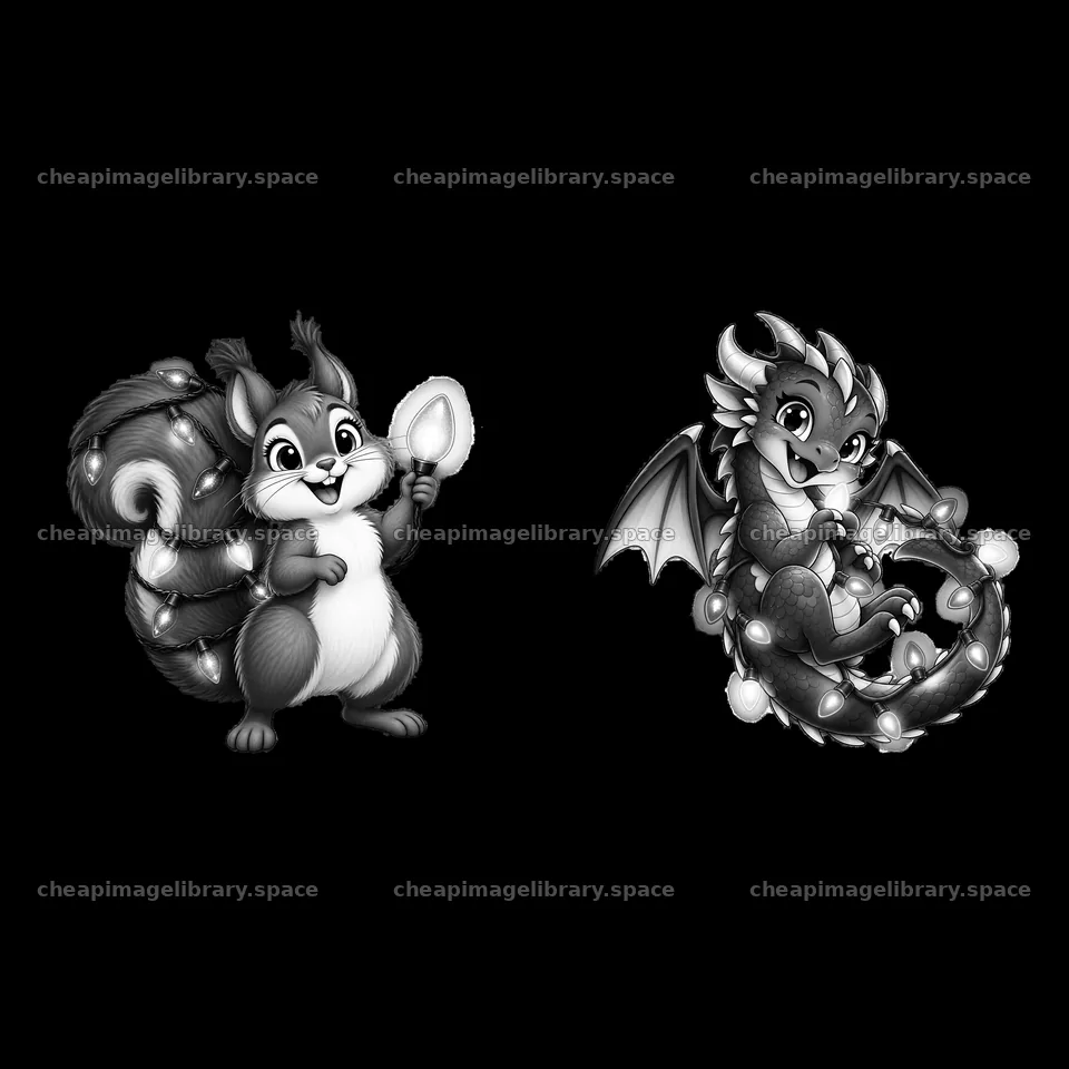 Squirrel and dragon holding string lights in black and white – image library 7746x7746
