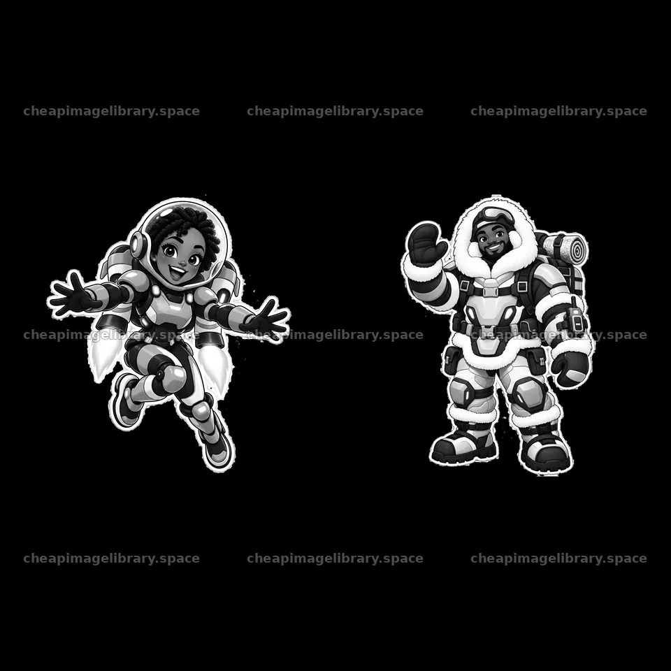 Kawaii futuristic super-soldier duo in monochrome design – image library 7746x7746