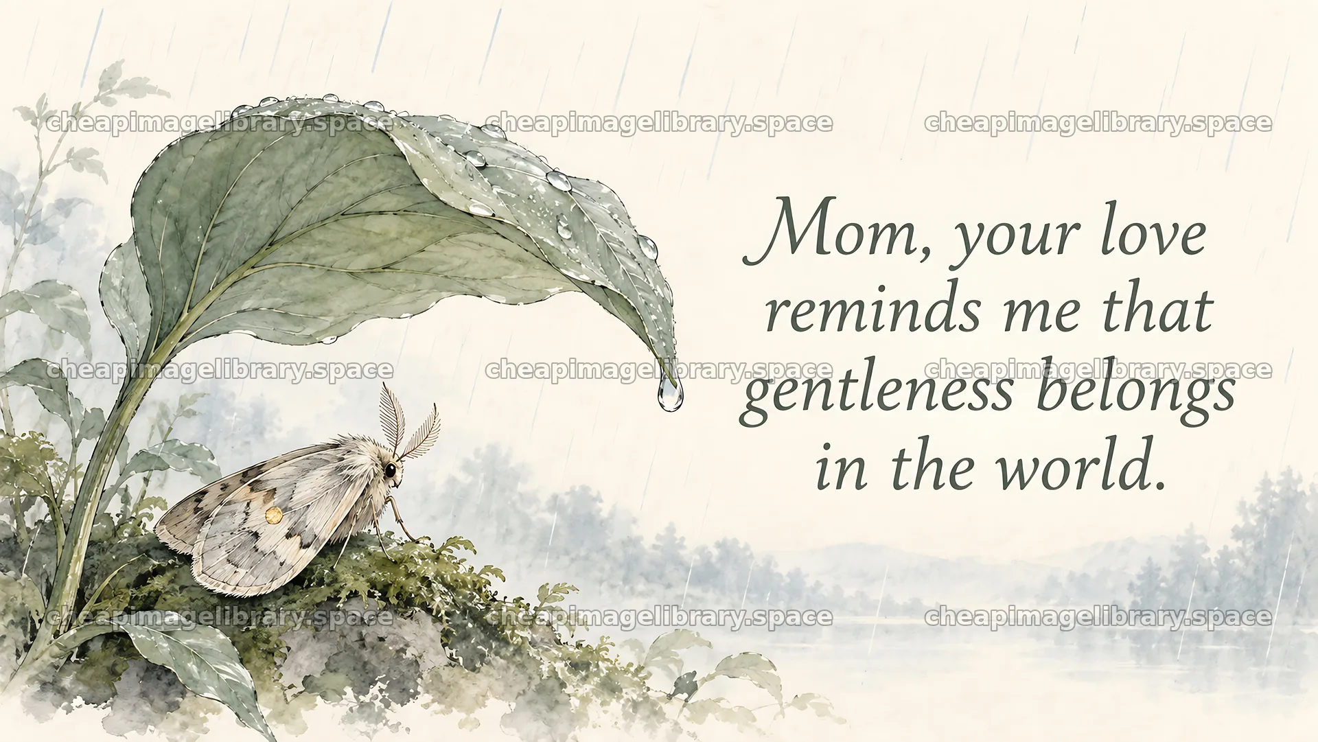 Love You Mom Greeting with a Moth Beneath a Leaf – image library 10324x5812