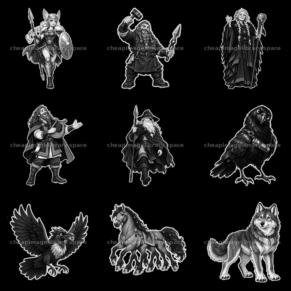 Odin the Norse All-Father and his companions in monochrome stickers – image library 7746x7746