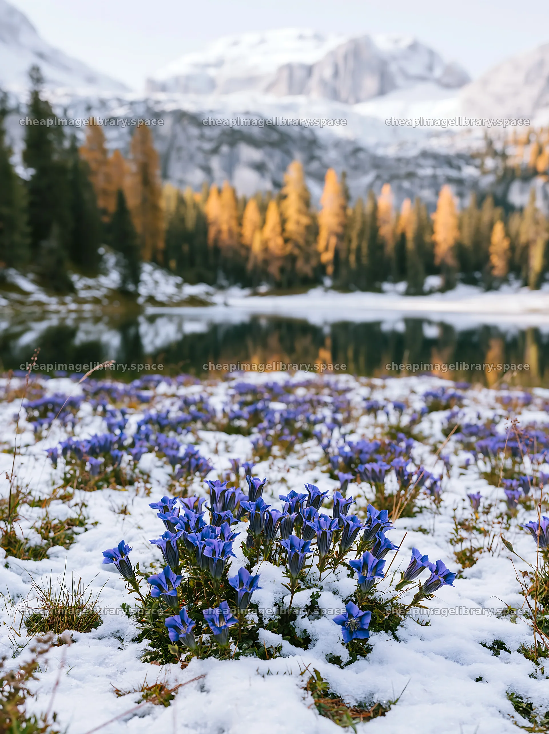 Snowy lakeside meadow with blue flowers and mountain backdrop – image library 6866x9174