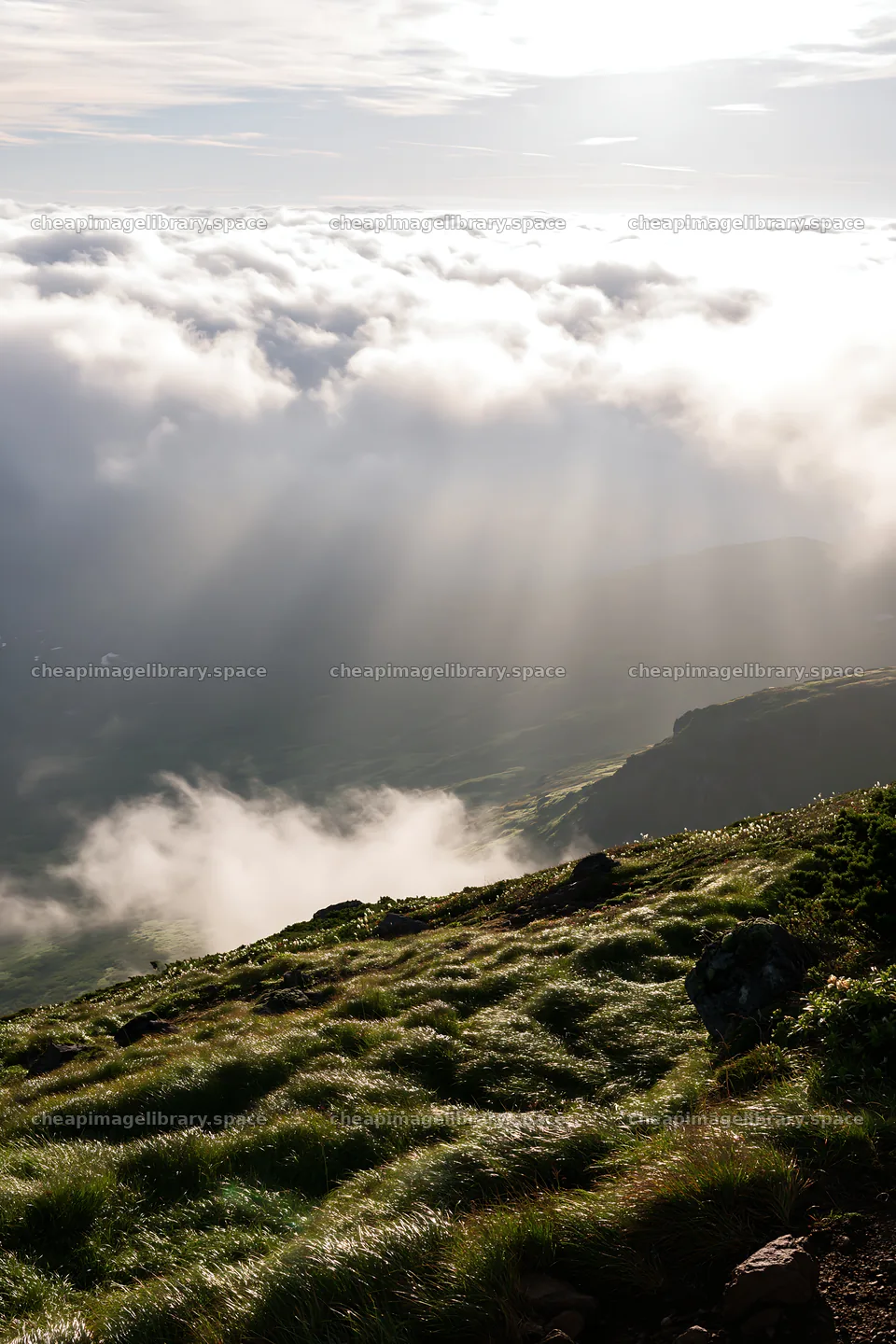 Light rays over Daisetsuzan alpine meadow with clouds below – image library 6480x9722