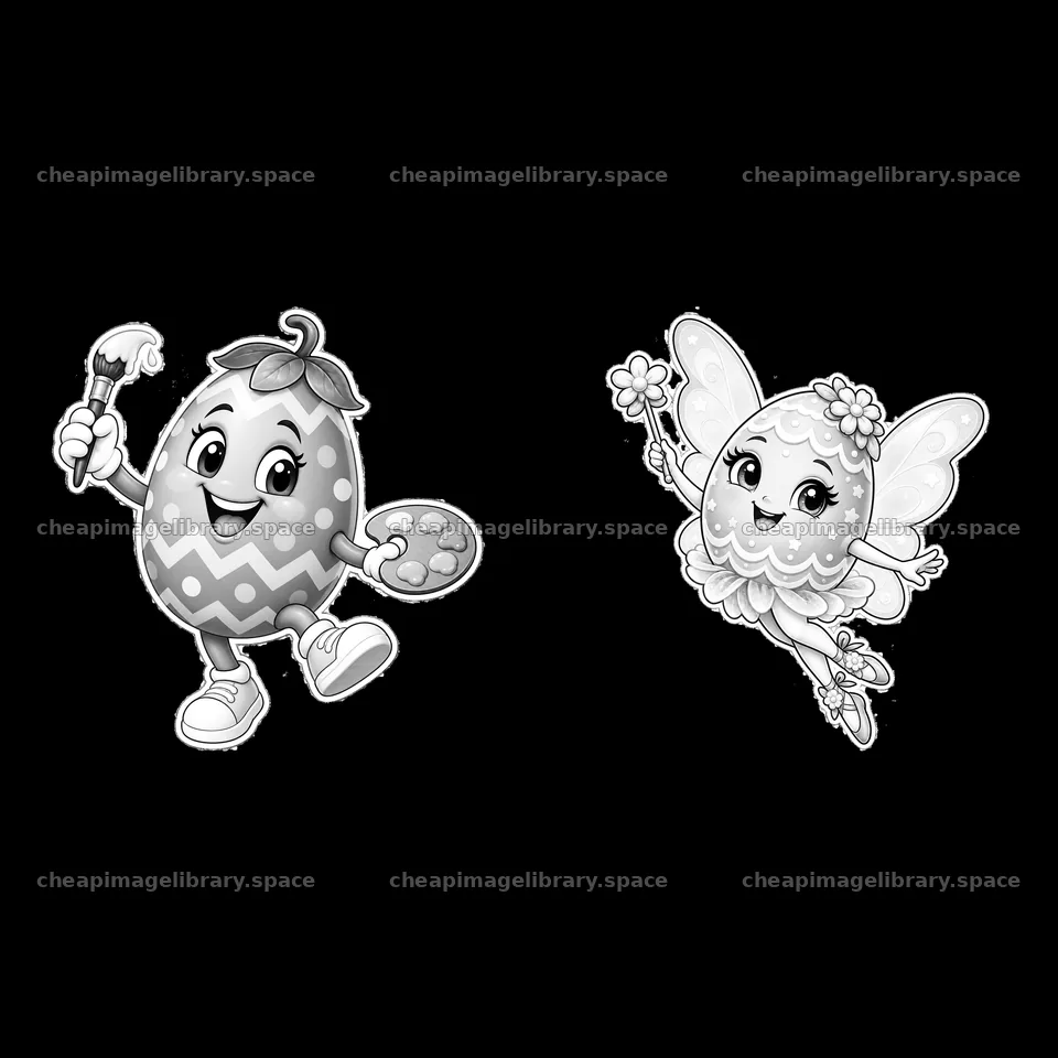 Easter egg character with painter and fairy character illustration – image library 7746x7746
