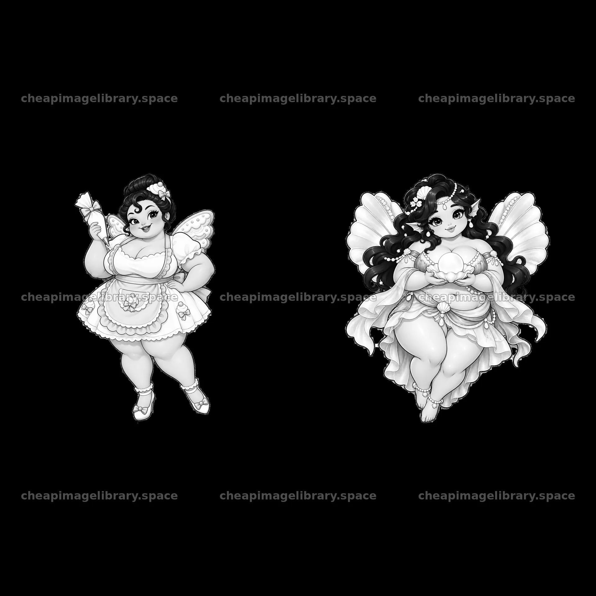 Kawaii ultra-fat fairy illustration with playful poses and outfits – image library 7746x7746