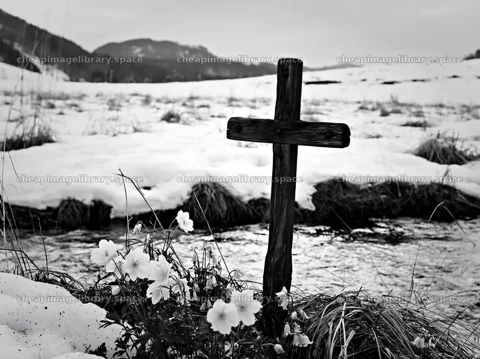 Weathered Christian cross in snowy meadow with flowers – image library 9174x6866