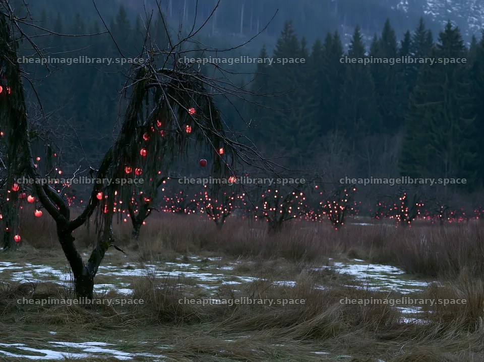 Apple trees with red garlands in Christmas meadow at dusk – image library 9174x6866