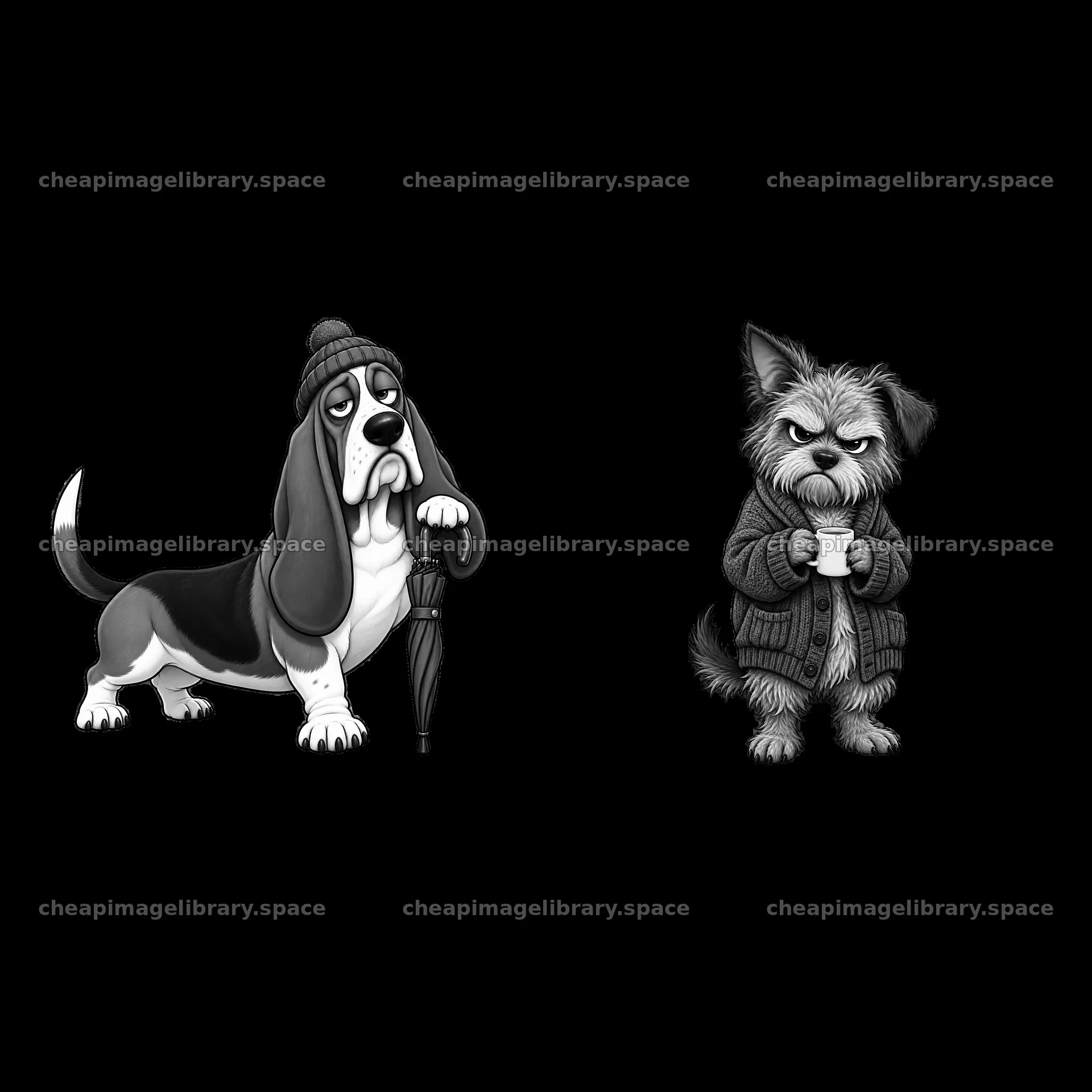 Grumpy dog duo with umbrella and sweater in monochrome design – image library 7746x7746