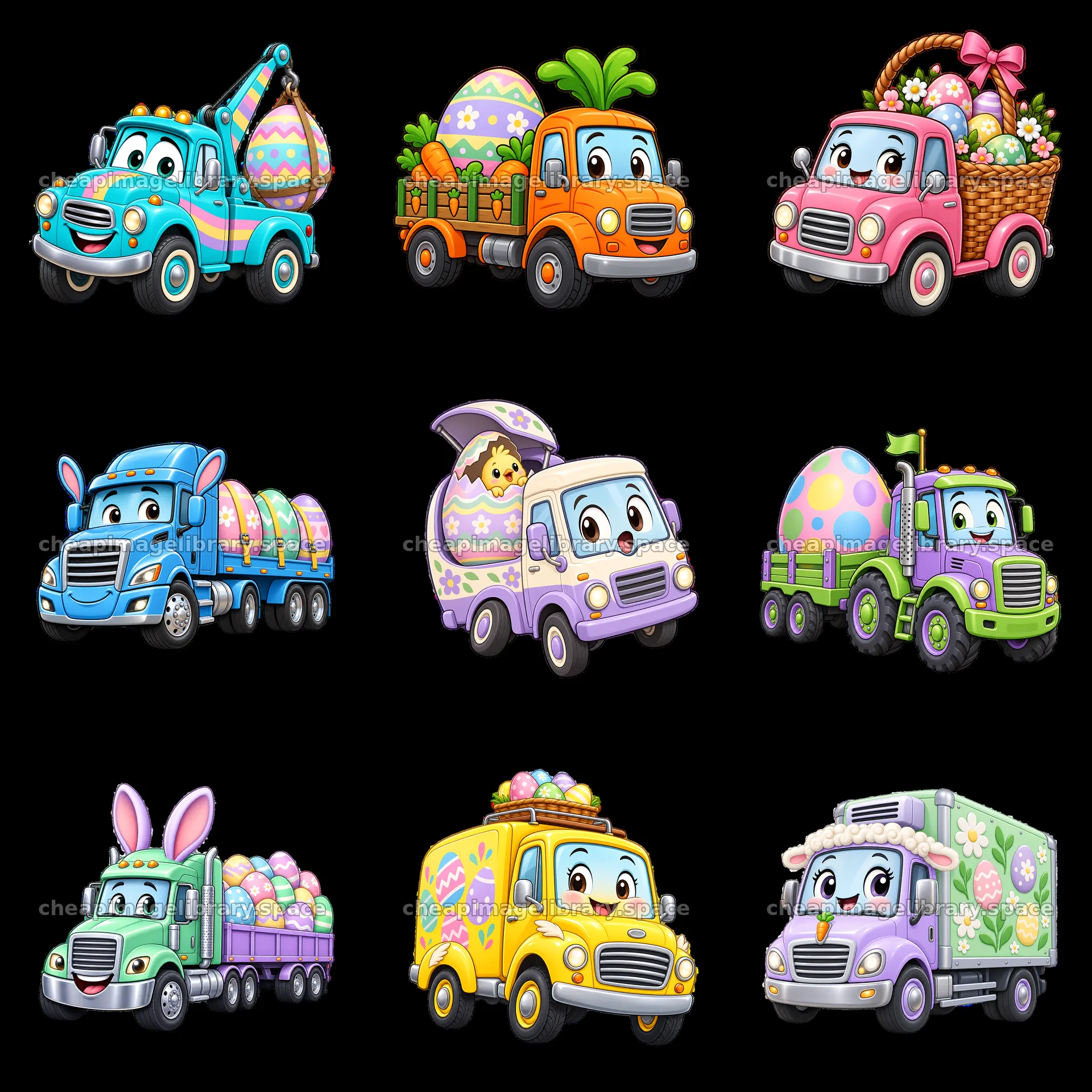 Easter trucks delivering colorful eggs and festive items – image library 7746x7746