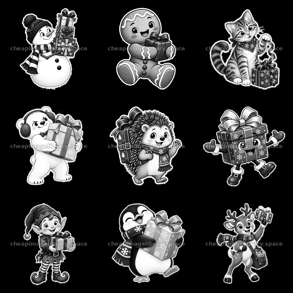 Christmas characters with gifts in a 3x3 layout – image library 7746x7746
