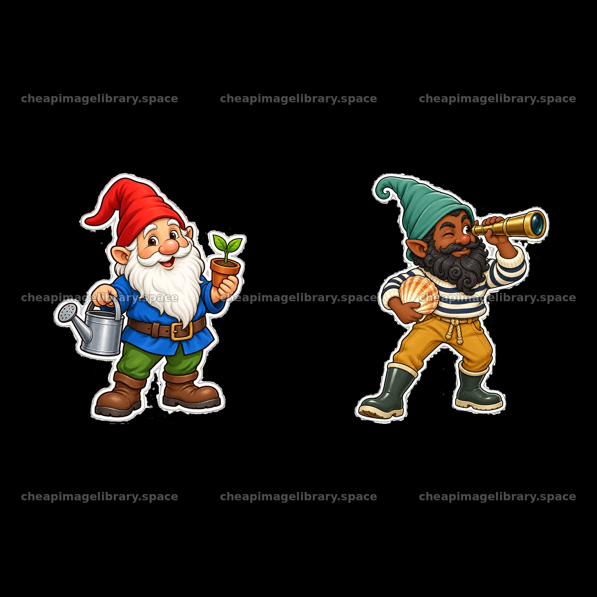 Gnome watering a plant and gnome using a telescope – image library 7746x7746