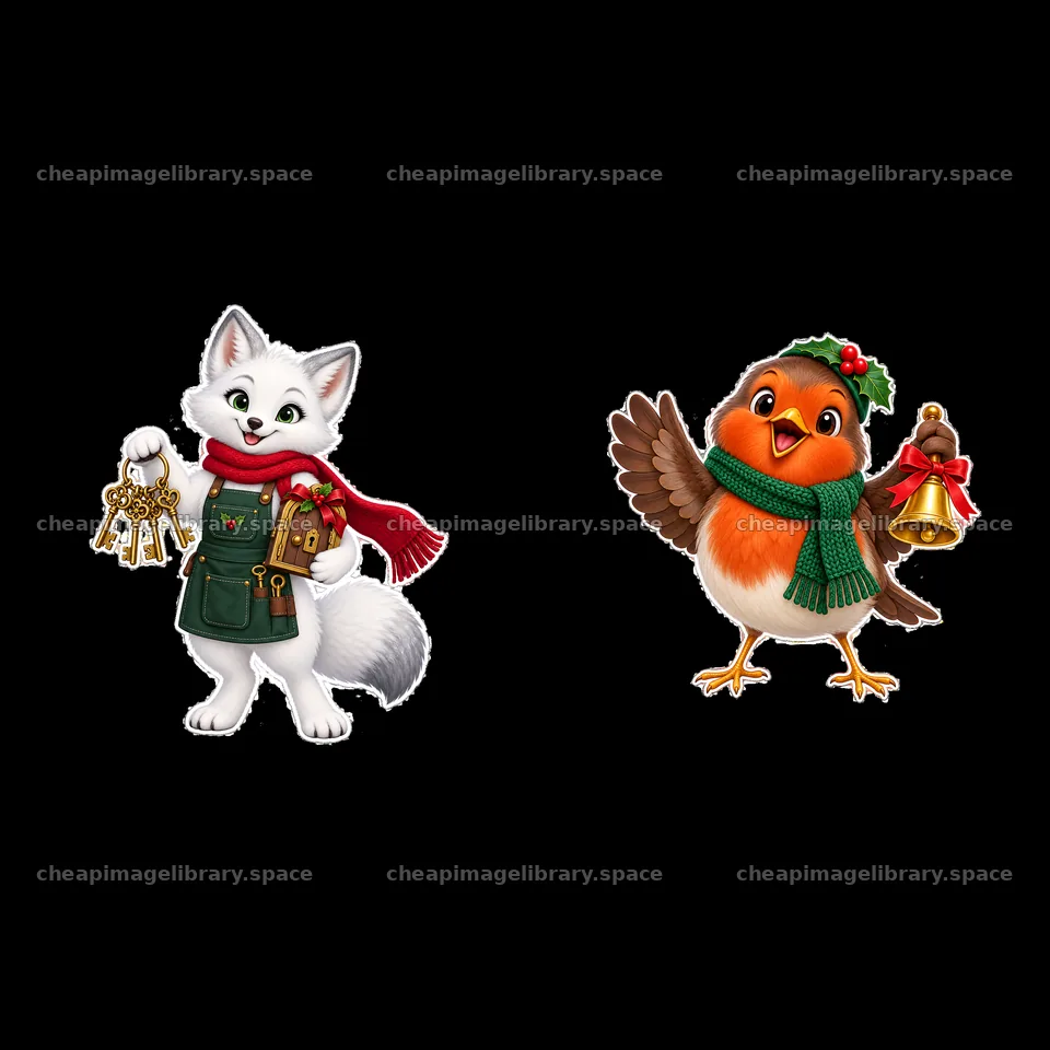 Christmas fox and bird holding keys and a bell – image library 7746x7746