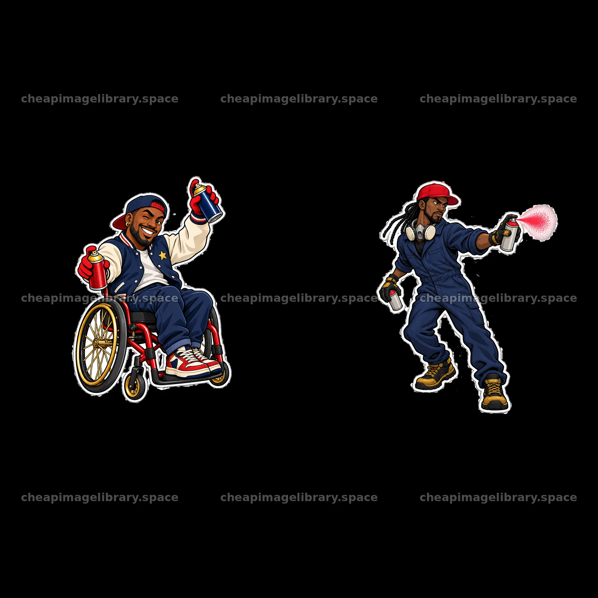 Patriotic graffiti sprayers in wheelchair and standing positions – image library 7746x7746