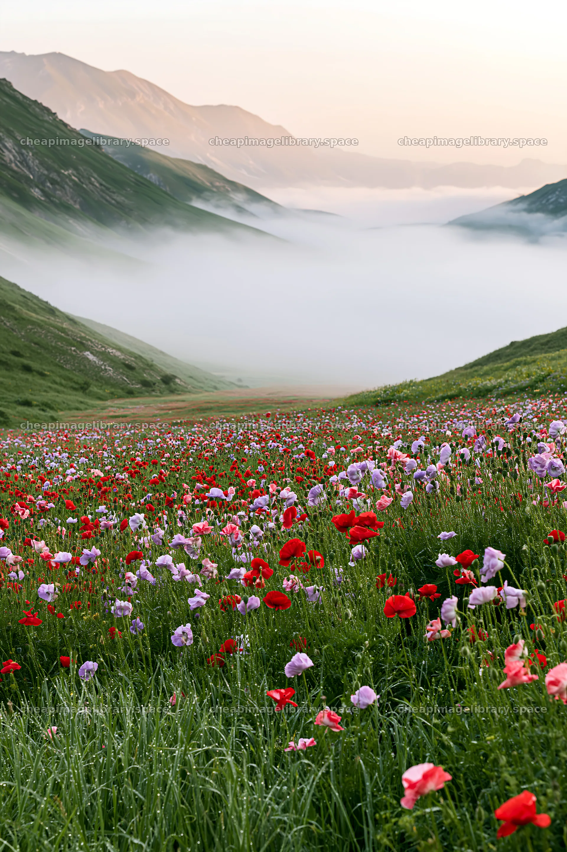 Colorful poppy meadow in mountains with fog in the valley – image library 6480x9722